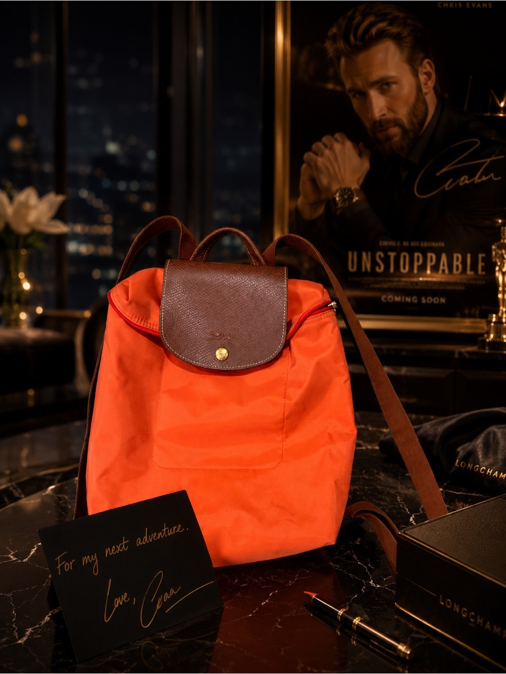 Longchamp Orange Nylon Backpack with Brown Leather Flap and Straps